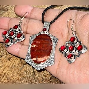 Red Snakeskin Jasper Necklace Pendant & Glass Earrings Set
